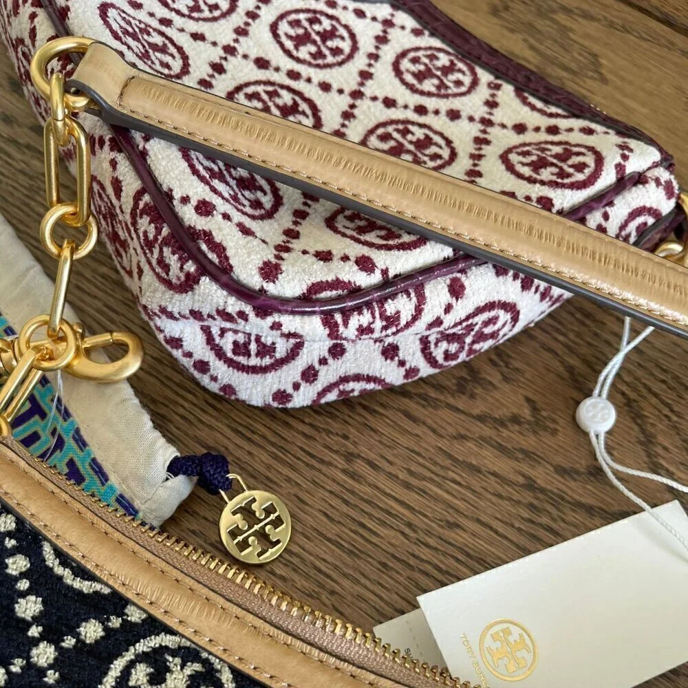 NWT! NEW! Tory Burch T MONOGRAM CHENILLE STUDIO BAG -Claret